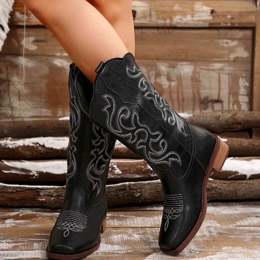 Black Embroidered Western Boots